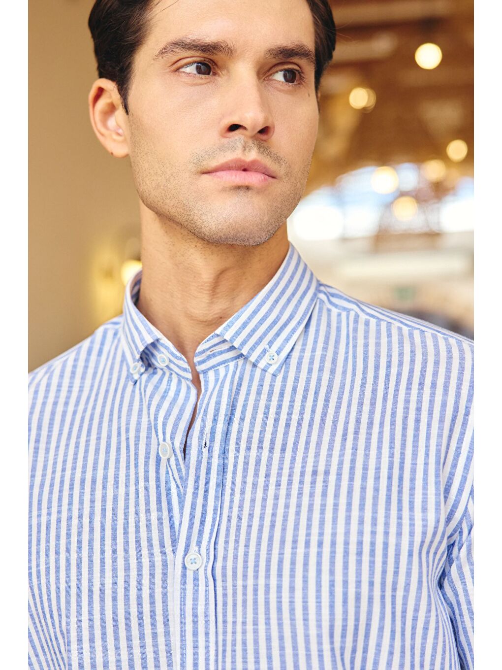Mavi Misato Erkek Gömlek Modern Slim Fit Keten Görünümlü İnce Çizgili Hafif Kumaş-6
