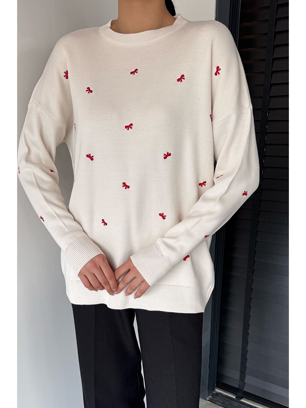 Ekru Kadın Kurdele Nakışlı Triko Kazak (m-l-xl Uyumludur)-2