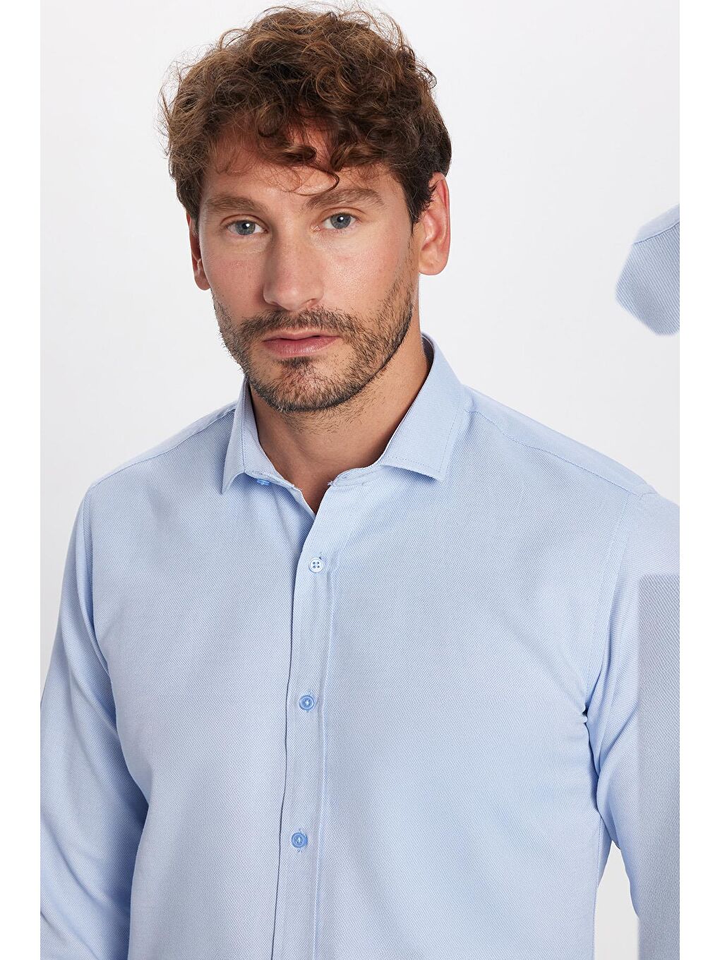Modern Slim Fit Uzun Kollu Pamuklu Kolay Ütü Armürlü Mavi Erkek Gömlek-1