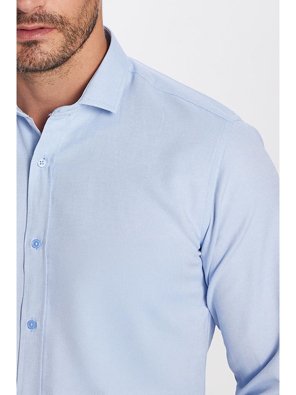 Modern Slim Fit Uzun Kollu Pamuklu Kolay Ütü Armürlü Mavi Erkek Gömlek-2