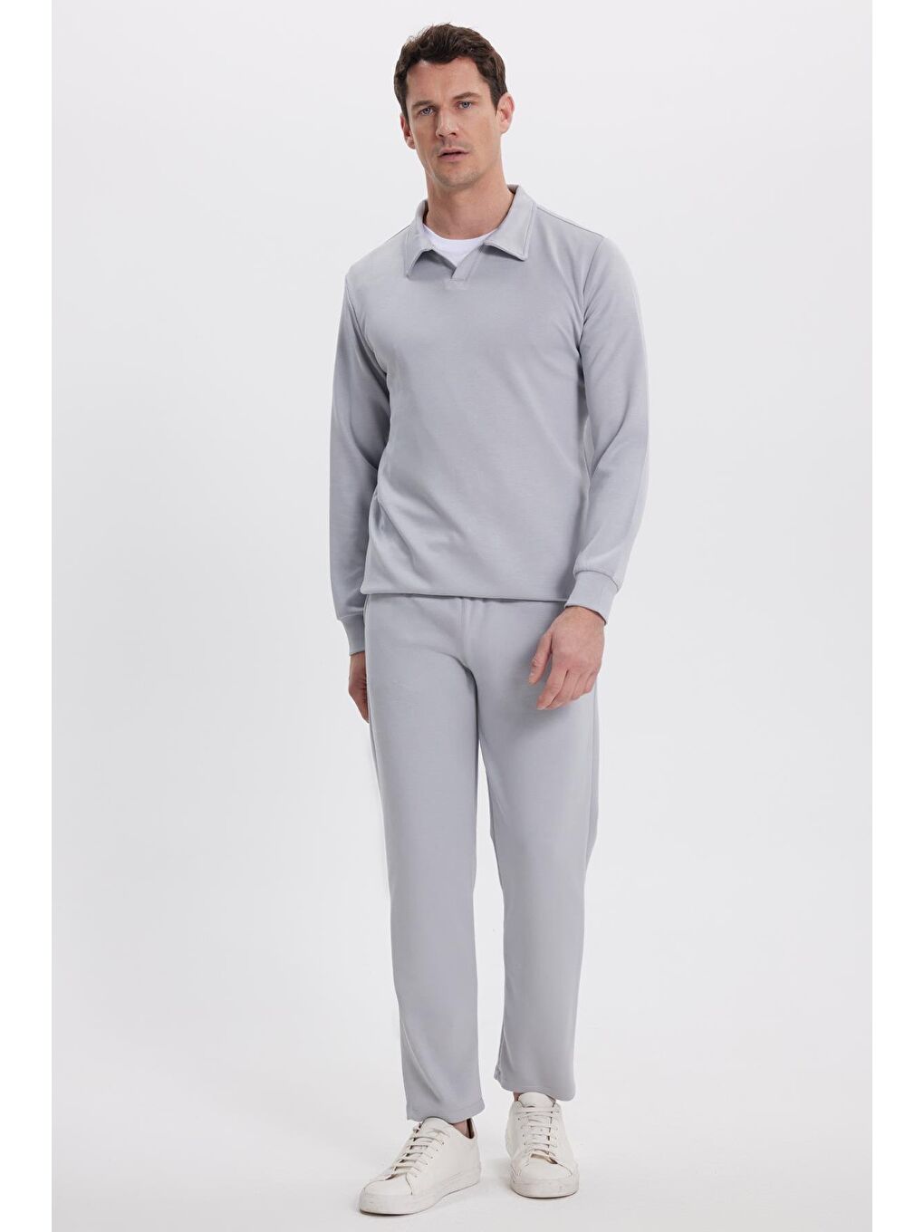 Erkek Slim Fit Dar Kesim Beli Bağcıklı 3 Cepli Geniş Paça Gri Eşofman Altı-3