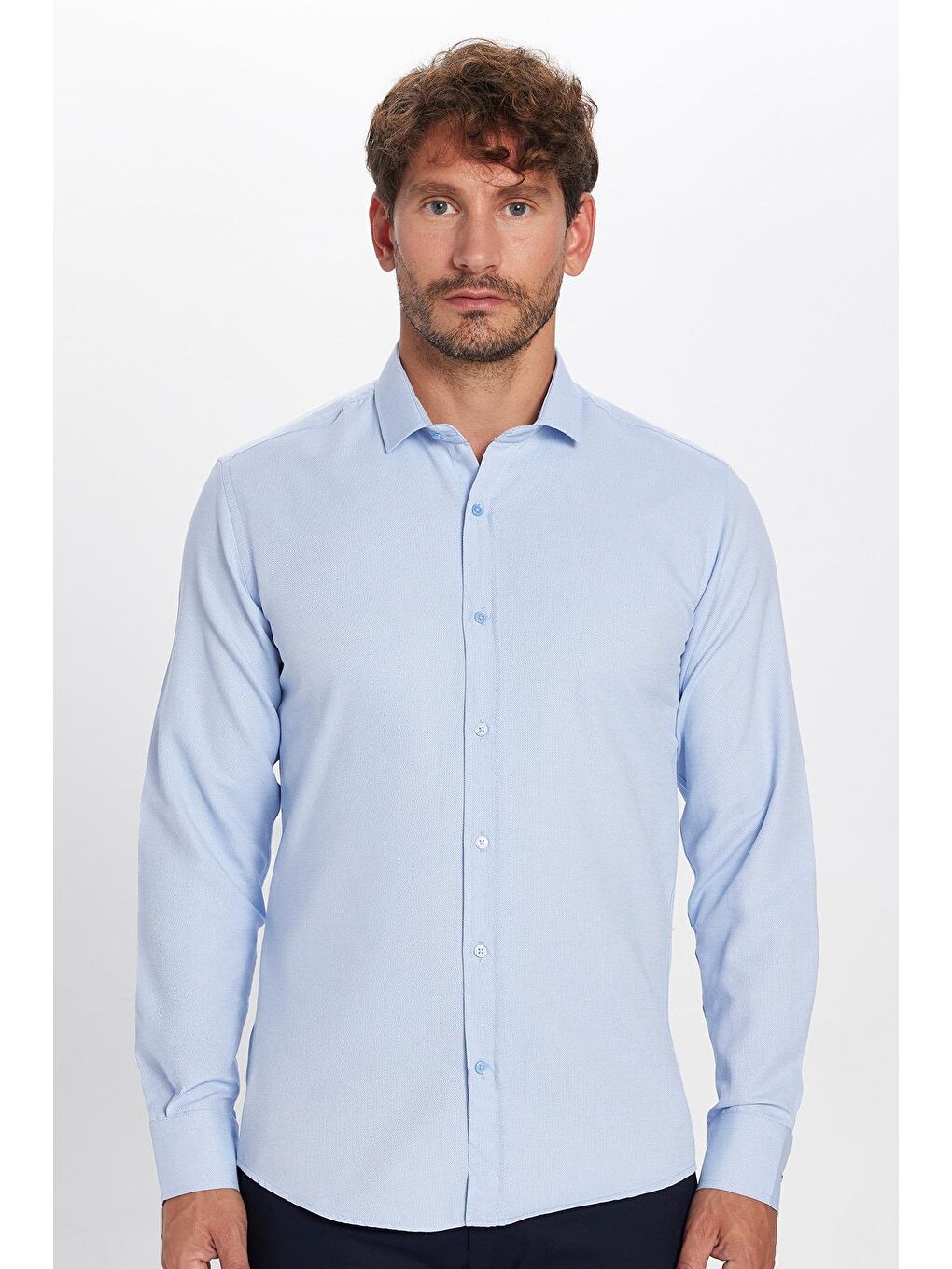 Modern Slim Fit Uzun Kollu Pamuklu Kolay Ütü Armürlü Mavi Erkek Gömlek-3