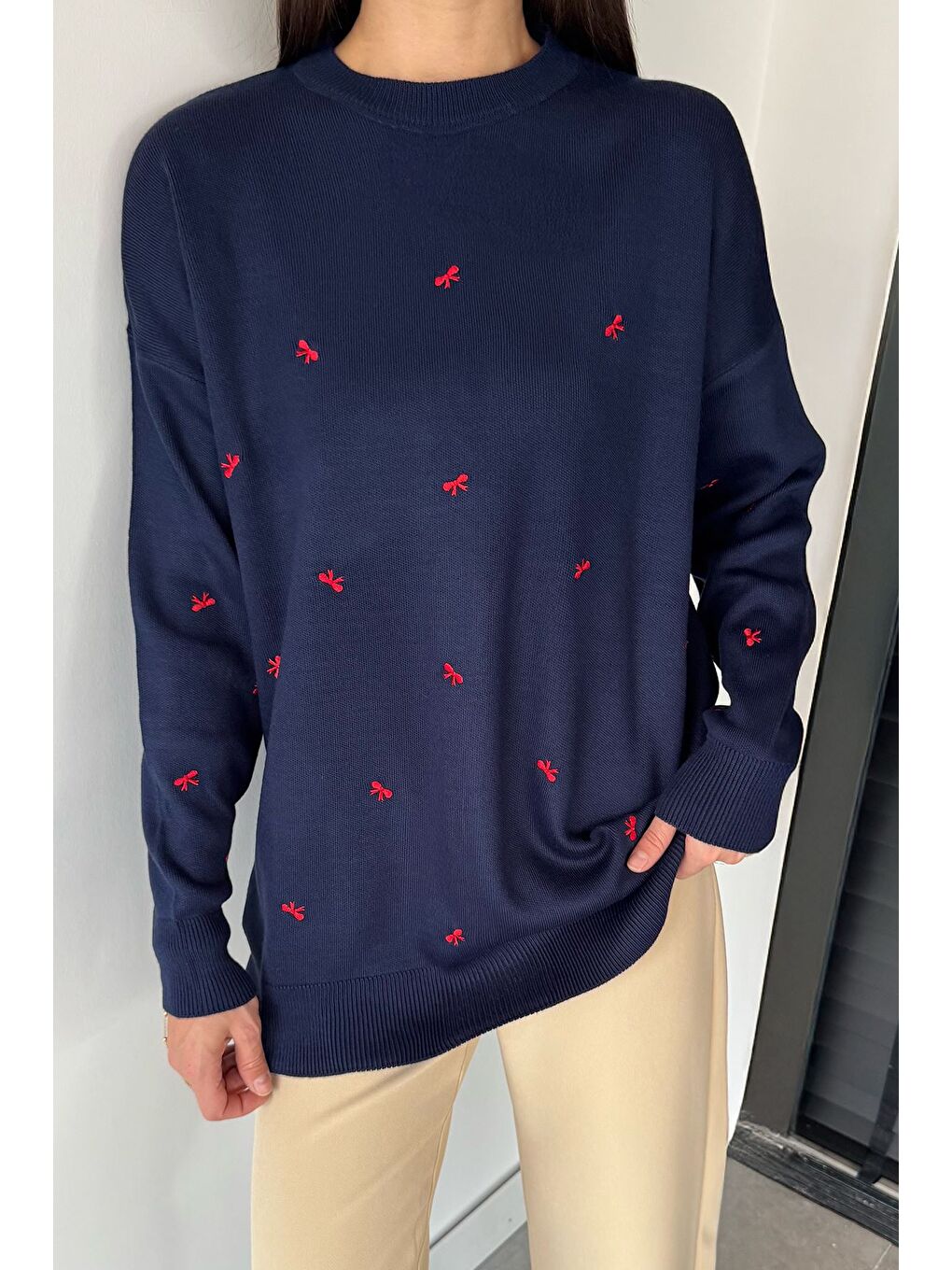 Lacivert Kadın Kurdele Nakışlı Triko Kazak (m-l-xl Uyumludur)