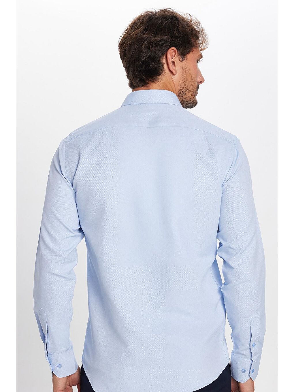 Modern Slim Fit Uzun Kollu Pamuklu Kolay Ütü Armürlü Mavi Erkek Gömlek-4