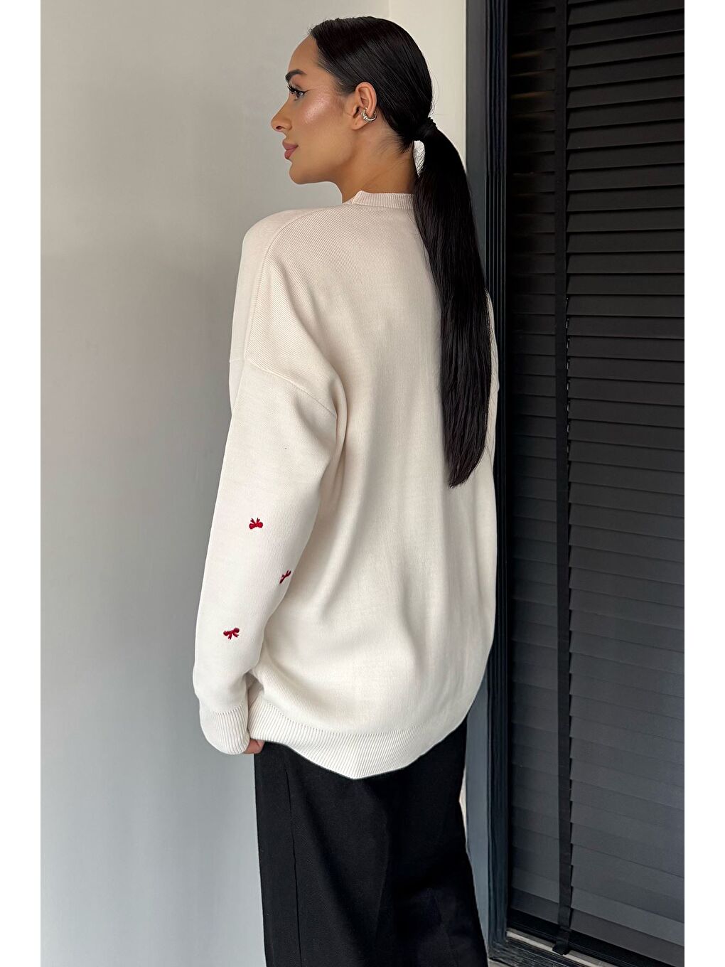 Ekru Kadın Kurdele Nakışlı Triko Kazak (m-l-xl Uyumludur)-3