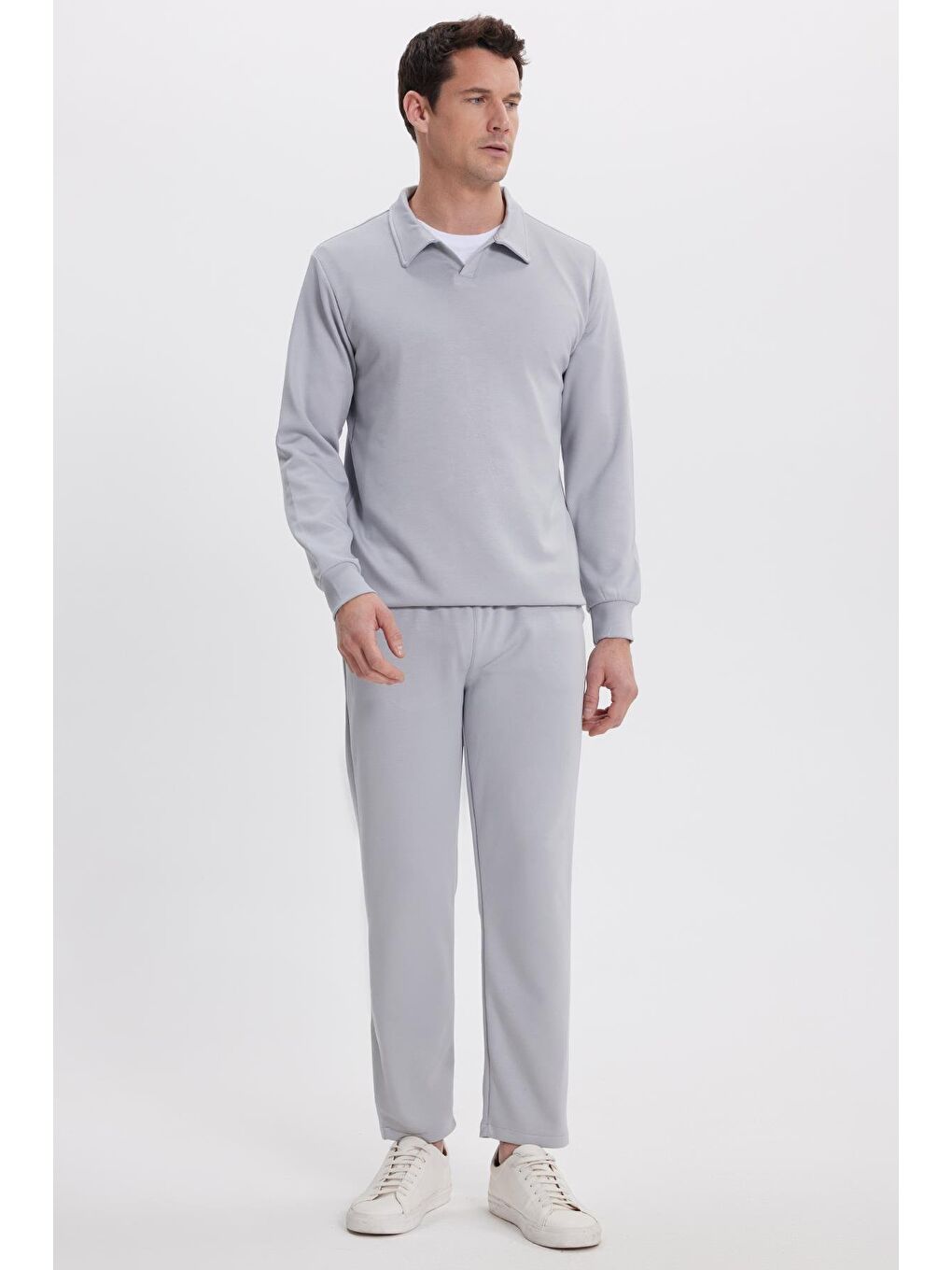 Erkek Slim Fit Dar Kesim Beli Bağcıklı 3 Cepli Geniş Paça Gri Eşofman Altı-4