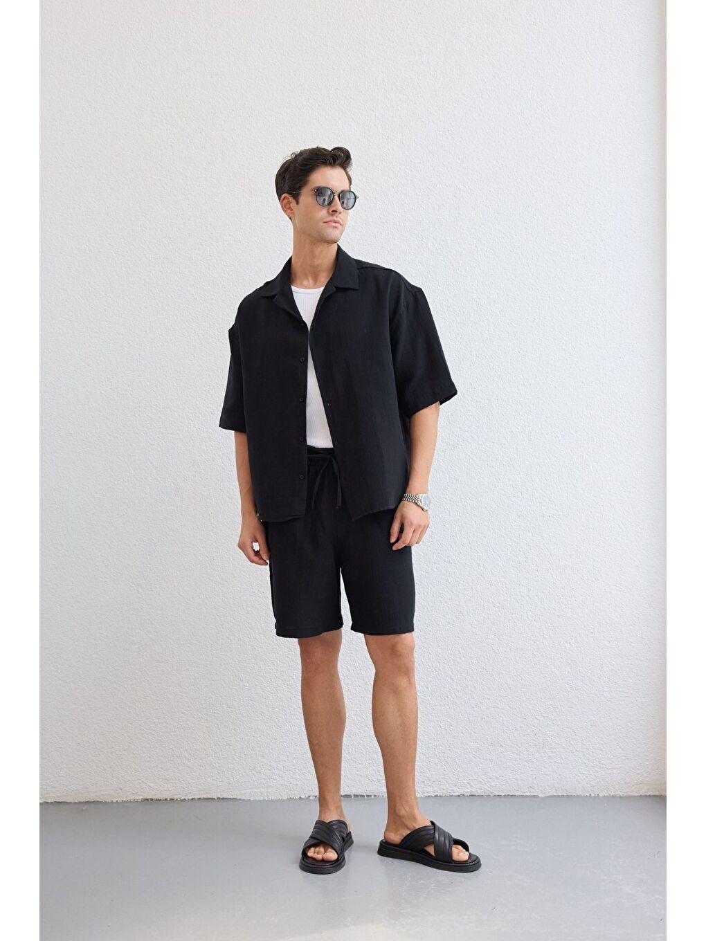 Siyah Xar Erkek Oversize Müslin Şort Gömlek Takım %100 Pamuk Soft Feel-1