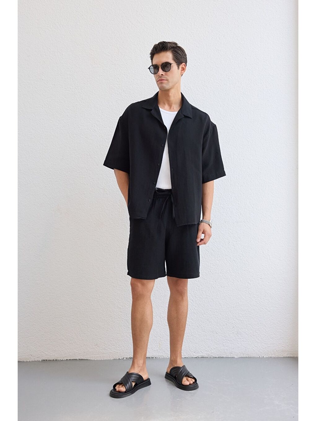 Siyah Xar Erkek Oversize Müslin Şort Gömlek Takım %100 Pamuk Soft Feel-2