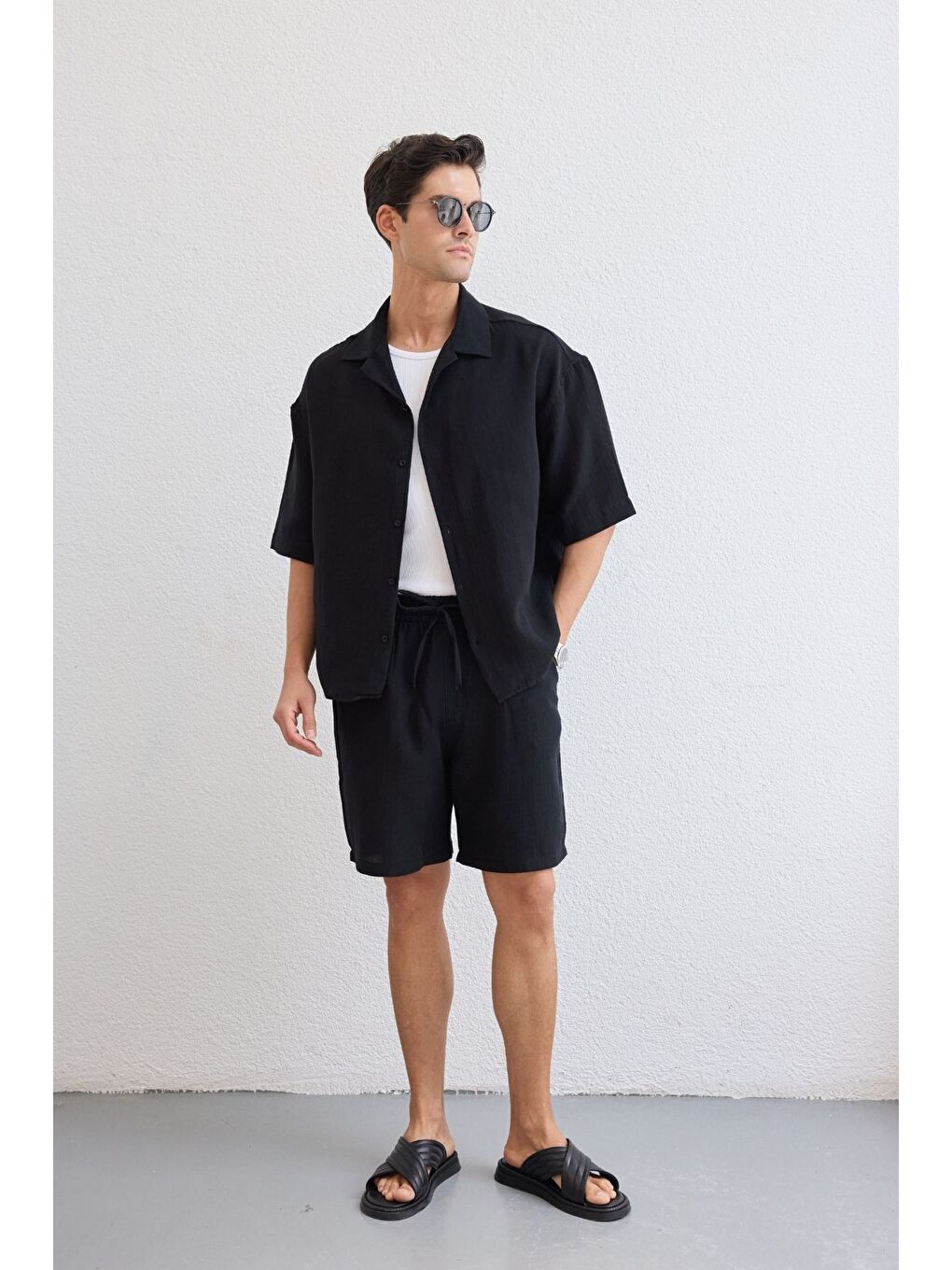 Siyah Xar Erkek Oversize Müslin Şort Gömlek Takım %100 Pamuk Soft Feel-3