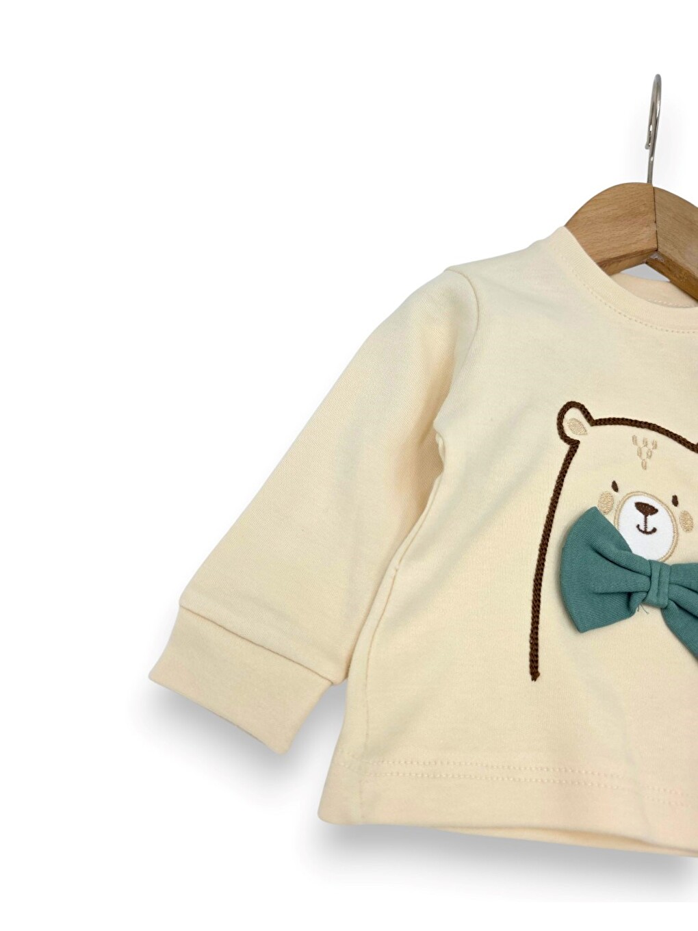 Yeşil Erkek Bebek Papyonlu Ayıcık Nakışlı 2'li Sweatshirlü Takım-1
