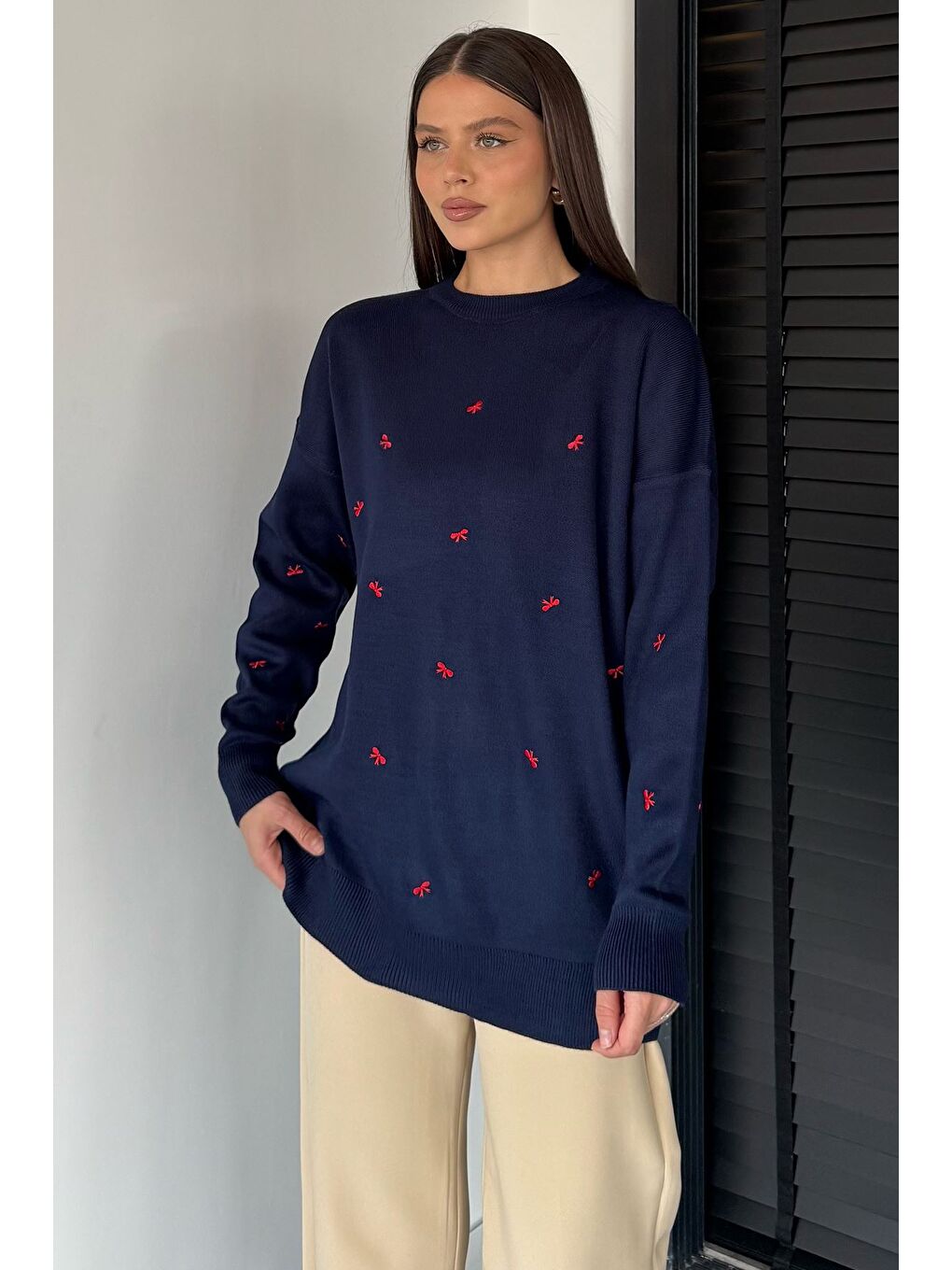 Lacivert Kadın Kurdele Nakışlı Triko Kazak (m-l-xl Uyumludur)-1