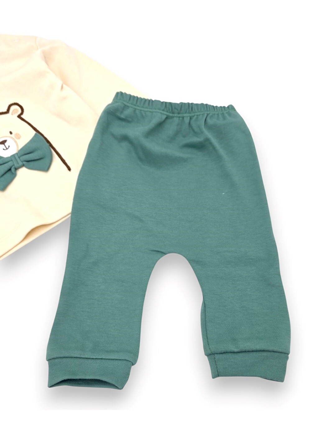 Yeşil Erkek Bebek Papyonlu Ayıcık Nakışlı 2'li Sweatshirlü Takım-4