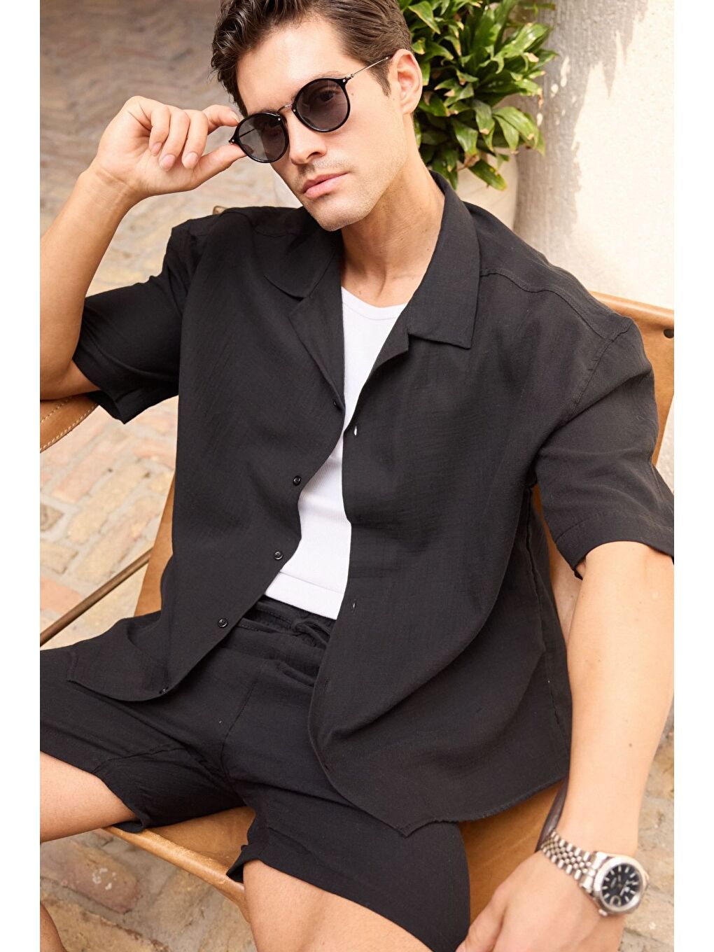 Siyah Xar Erkek Oversize Müslin Şort Gömlek Takım %100 Pamuk Soft Feel-5