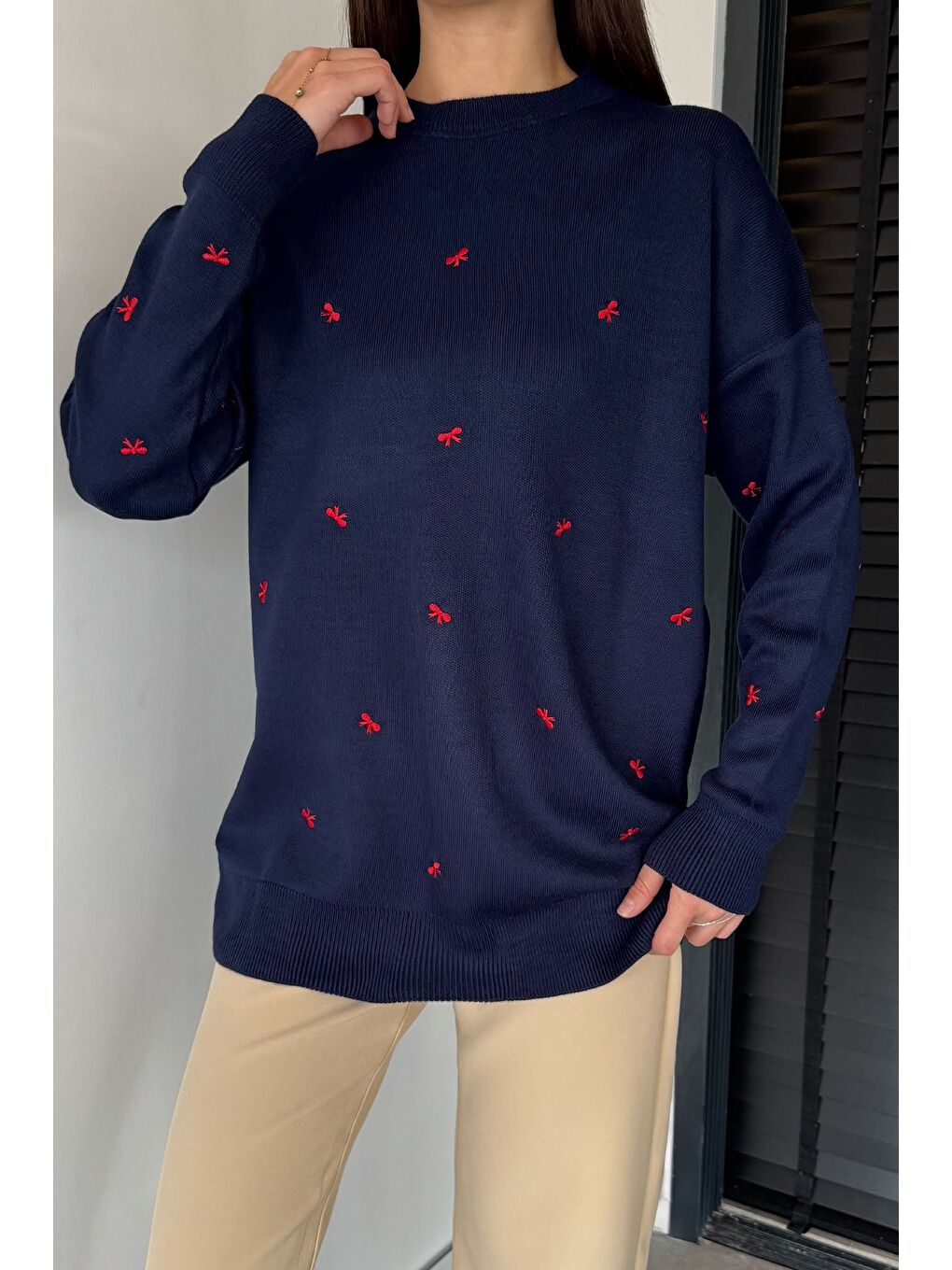 Lacivert Kadın Kurdele Nakışlı Triko Kazak (m-l-xl Uyumludur)-2