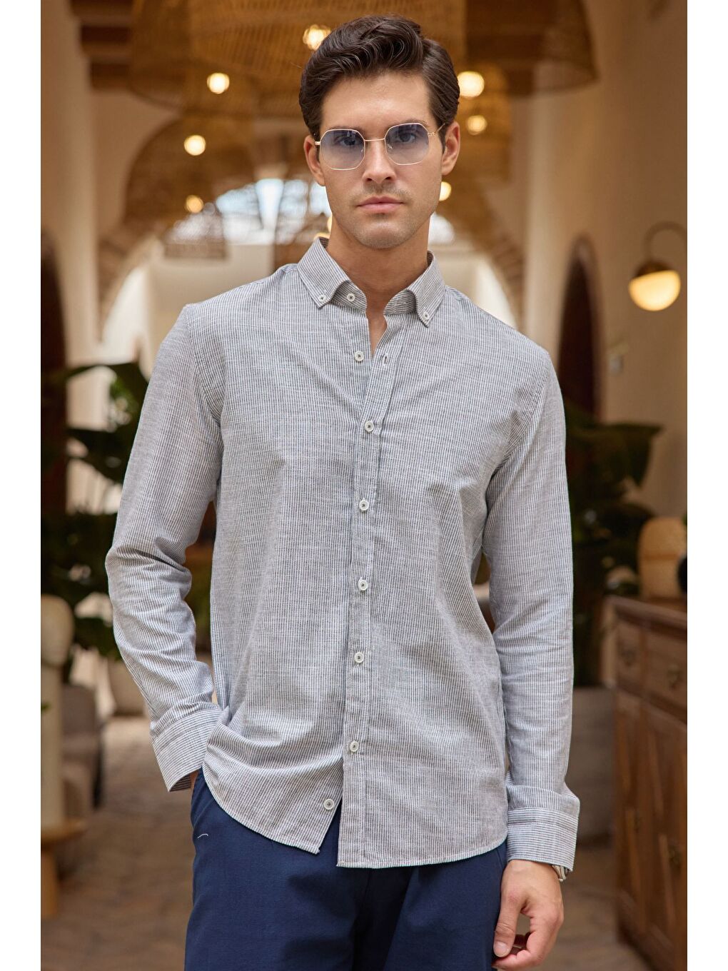 Gri Kure Erkek Gömlek Modern Slim Fit Keten Görünümlü İnce ve Çizgili Doku-6