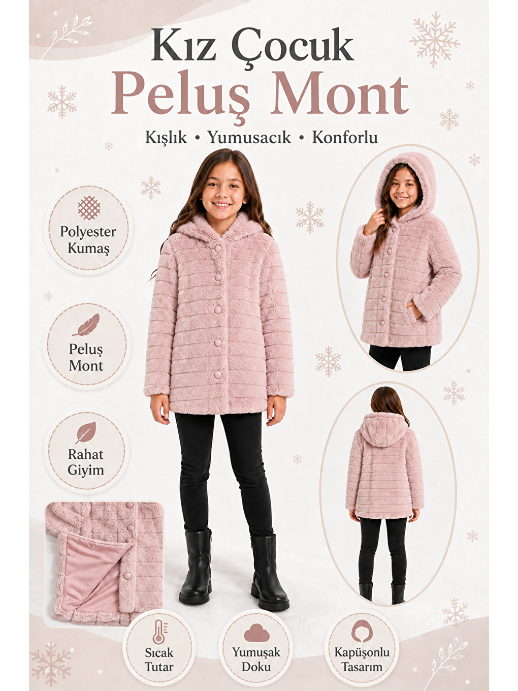 Pembe Kız Çocuk Kışlık Kapüşonlu Düğmeli Astarlı Yatay Çizgili Pelüş Mont Ak4518-1