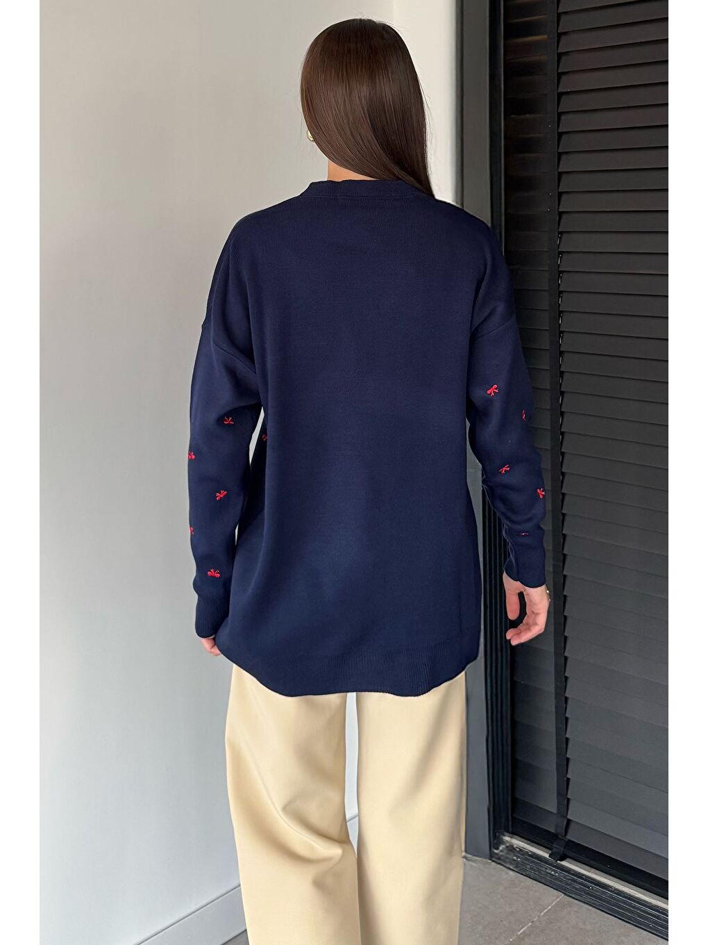 Lacivert Kadın Kurdele Nakışlı Triko Kazak (m-l-xl Uyumludur)-3