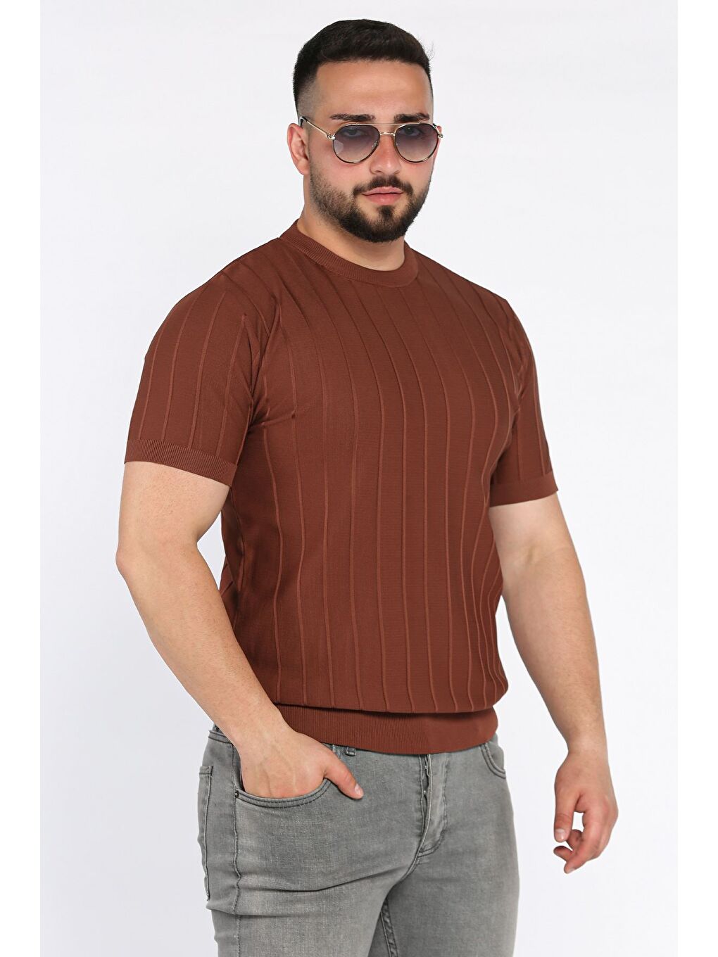 Kahverengi Erkek Bisiklet Yaka Kendinden Çizgi Desenli Triko Tişört