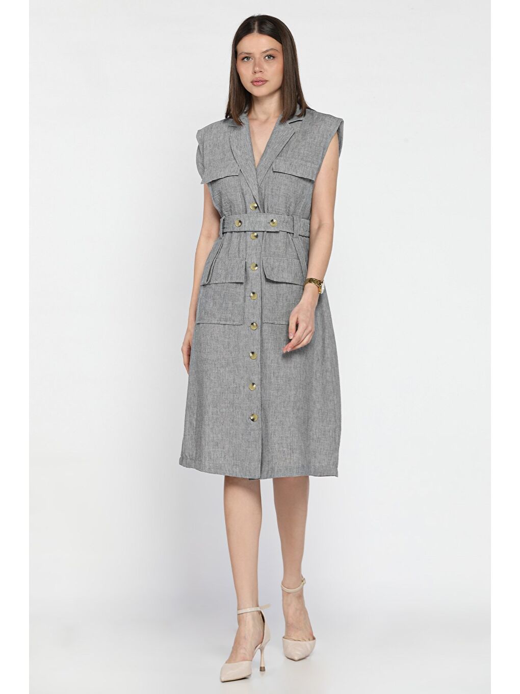 Gri Kadın Kruvaze Yaka Kuşak Detaylı Boydan Düğmeli Elbise