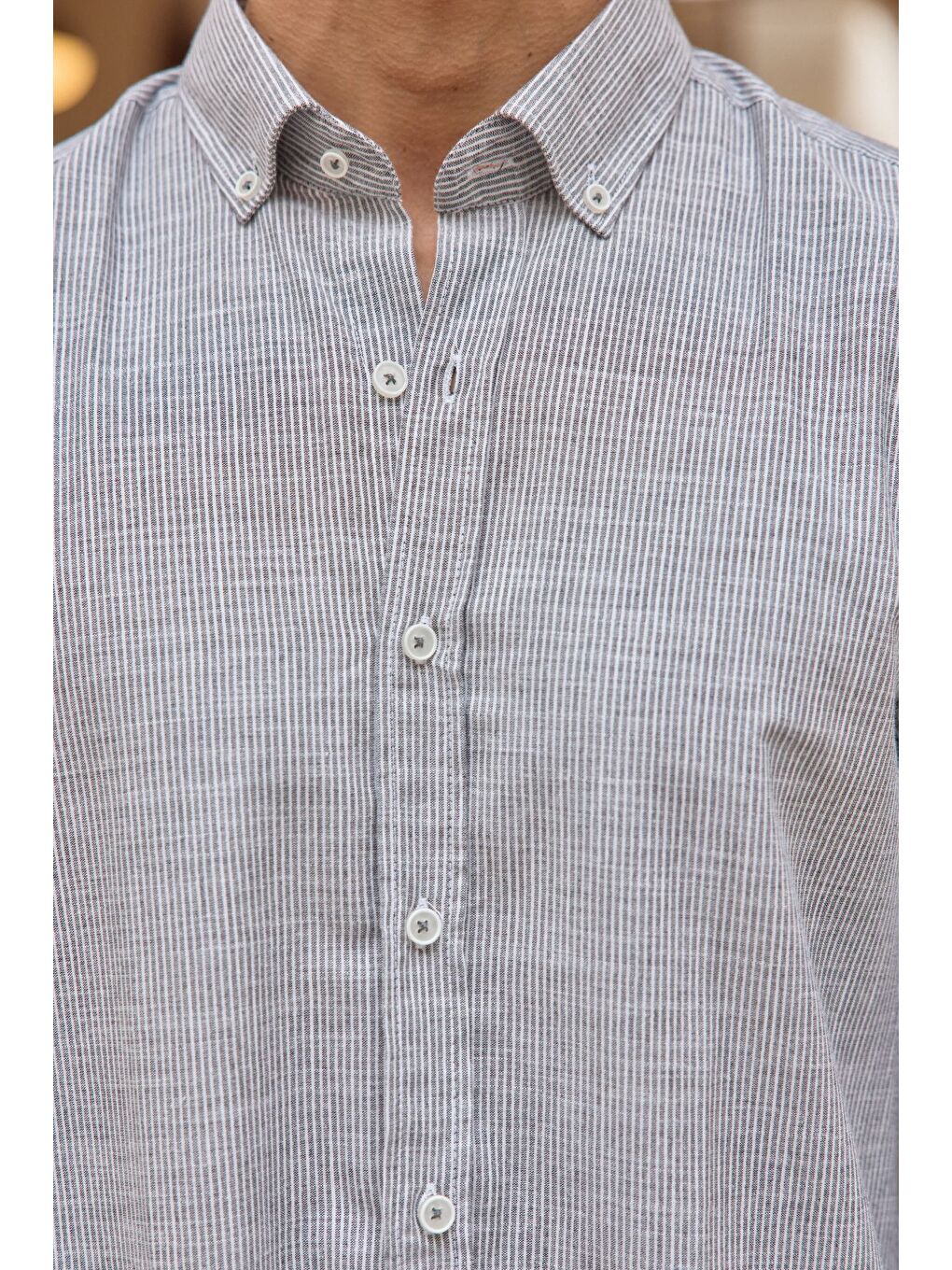 Gri Kure Erkek Gömlek Modern Slim Fit Keten Görünümlü İnce ve Çizgili Doku-7