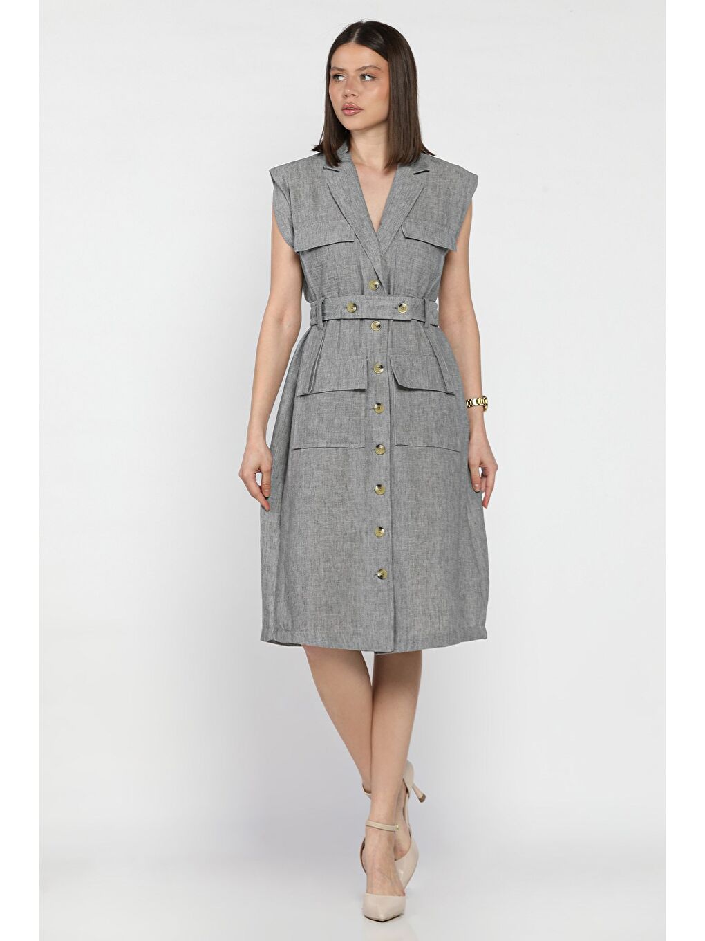 Gri Kadın Kruvaze Yaka Kuşak Detaylı Boydan Düğmeli Elbise-1