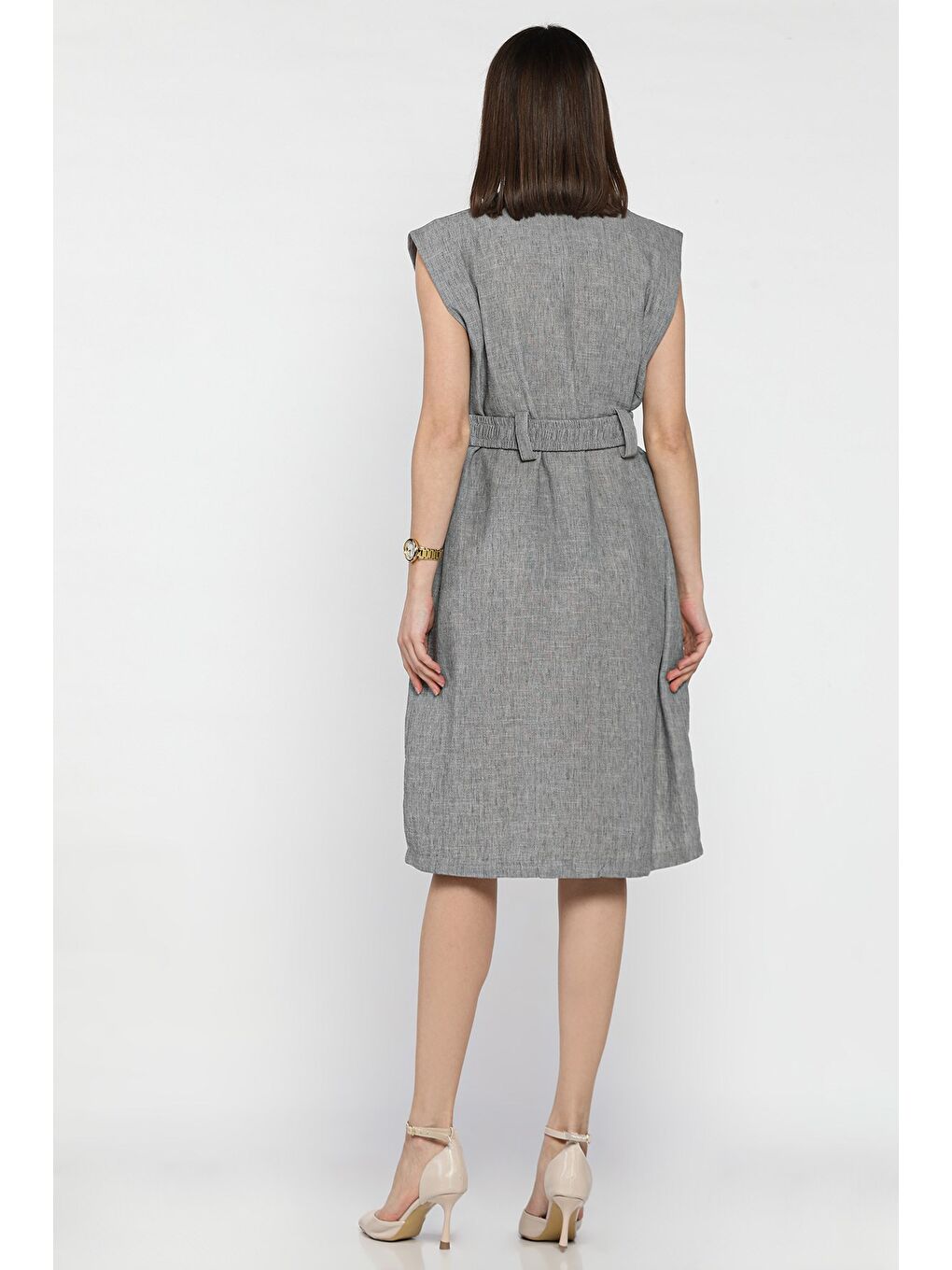 Gri Kadın Kruvaze Yaka Kuşak Detaylı Boydan Düğmeli Elbise-2