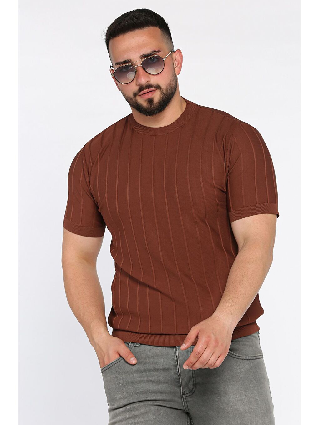 Kahverengi Erkek Bisiklet Yaka Kendinden Çizgi Desenli Triko Tişört-1