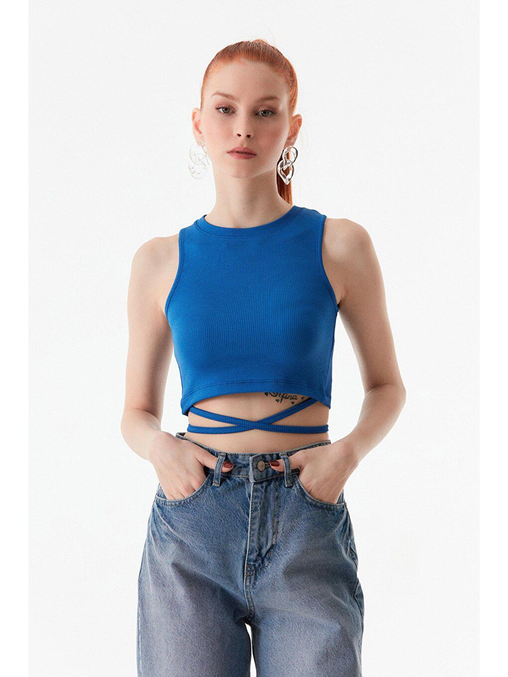 Mavi Fitilli Beli Bağlamalı Crop Body-2