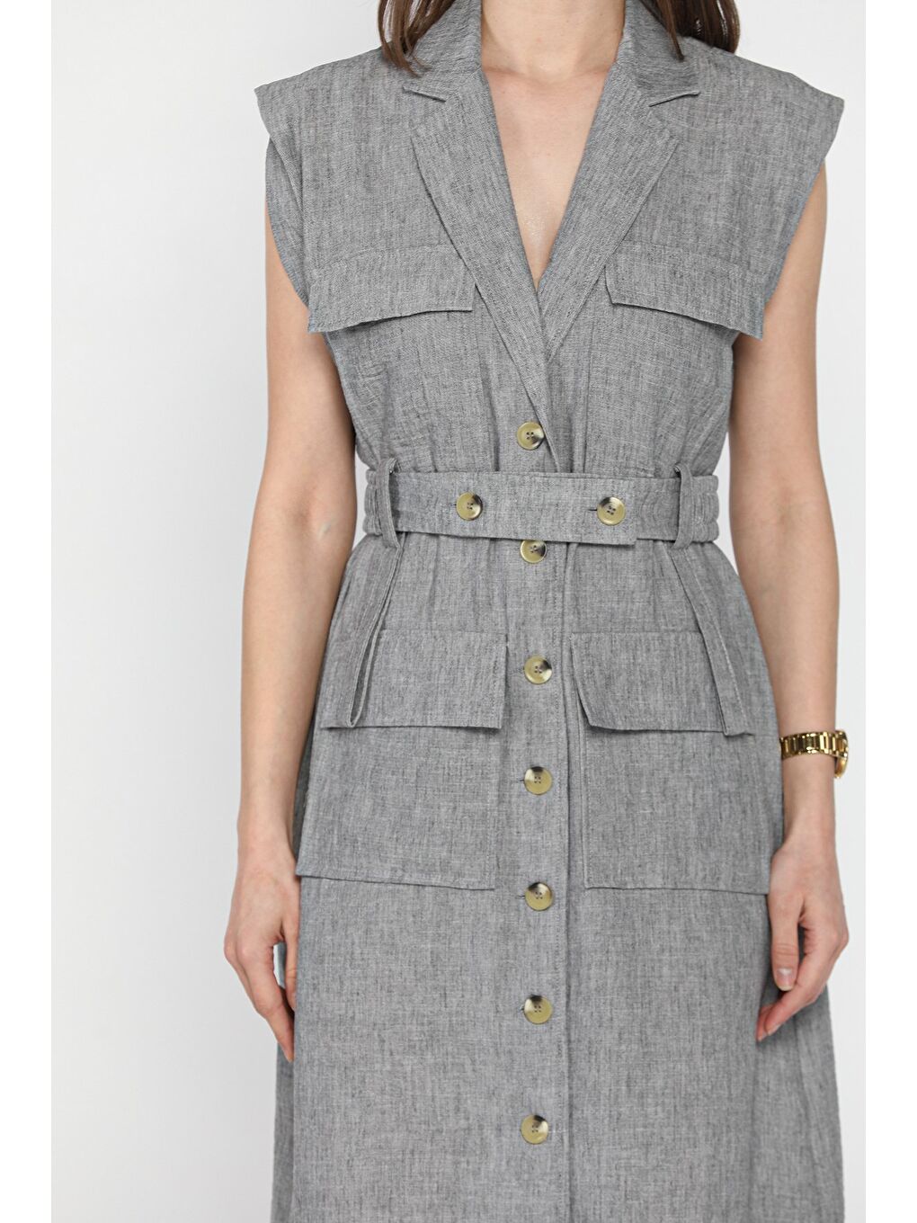 Gri Kadın Kruvaze Yaka Kuşak Detaylı Boydan Düğmeli Elbise-3