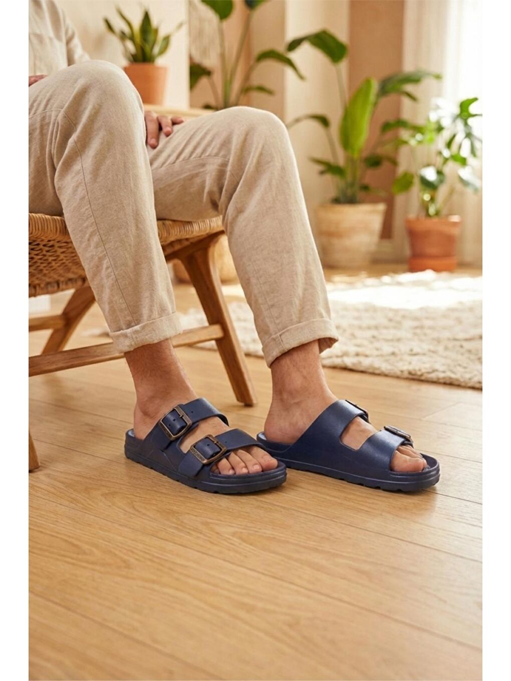 Lacivert Polley Erkek Çift Eskitme Tokalı Anatomik Tabanlı Günlük ve Plaj Terliği - Suya Dayanıklı Konfor Mod