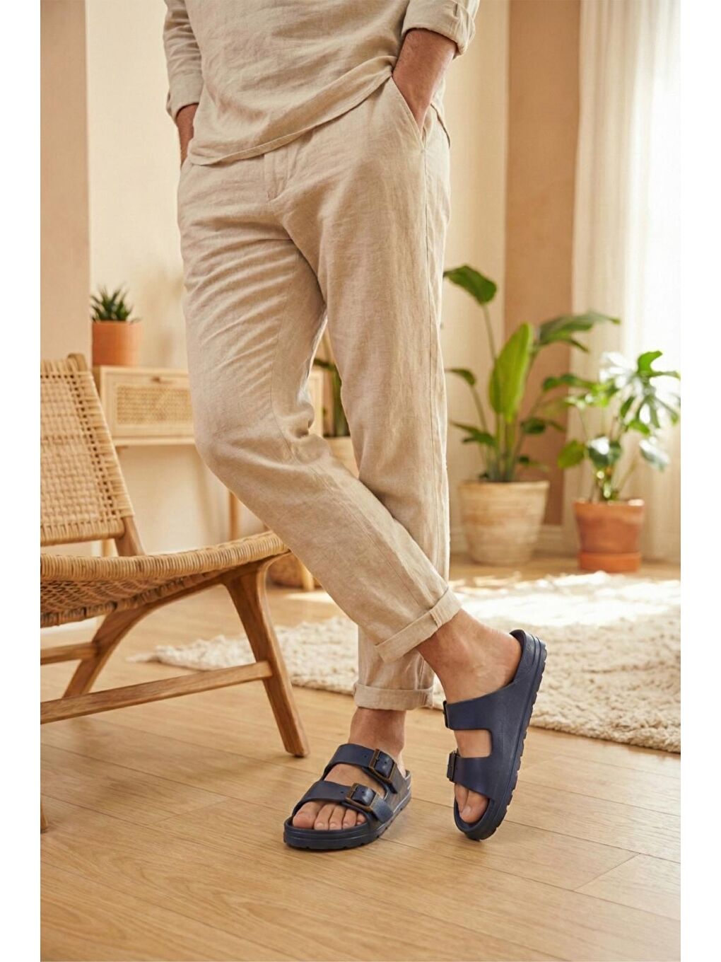 Lacivert Polley Erkek Çift Eskitme Tokalı Anatomik Tabanlı Günlük ve Plaj Terliği - Suya Dayanıklı Konfor Mod-1