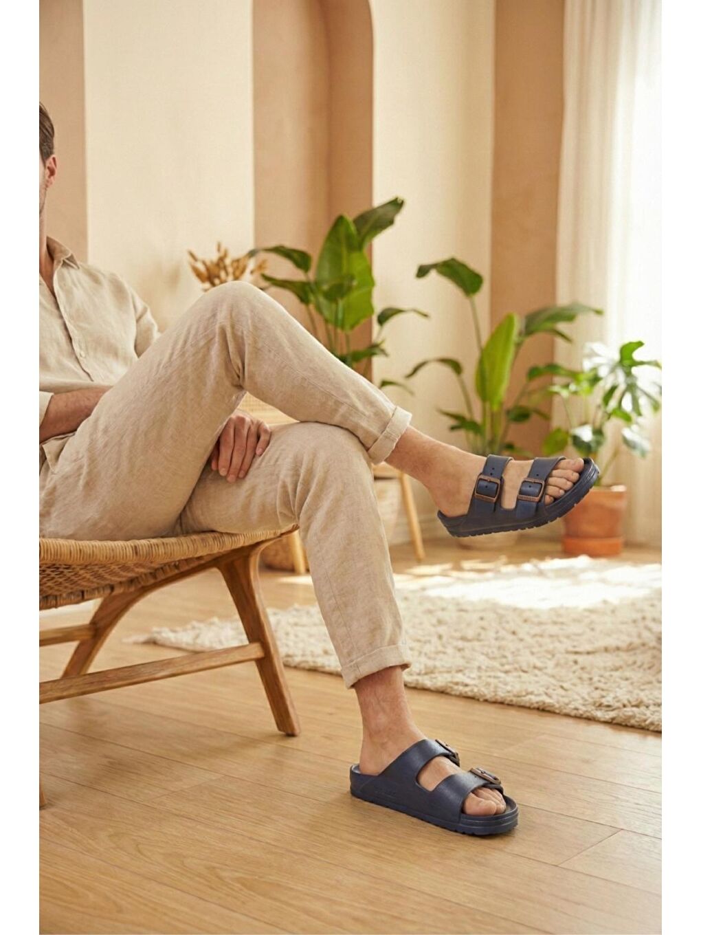 Lacivert Polley Erkek Çift Eskitme Tokalı Anatomik Tabanlı Günlük ve Plaj Terliği - Suya Dayanıklı Konfor Mod-2