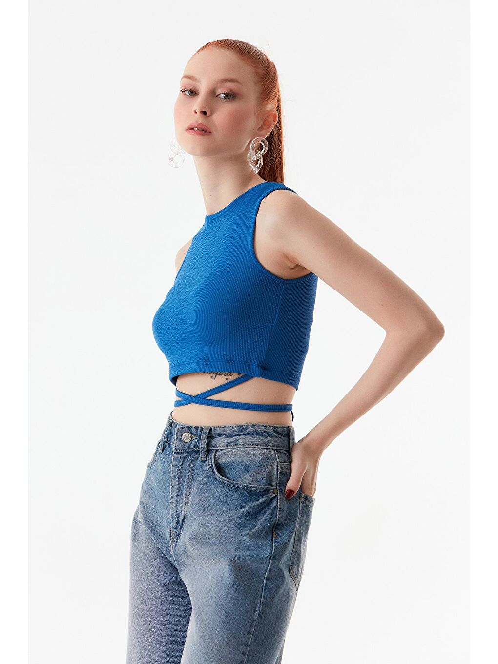 Mavi Fitilli Beli Bağlamalı Crop Body-3