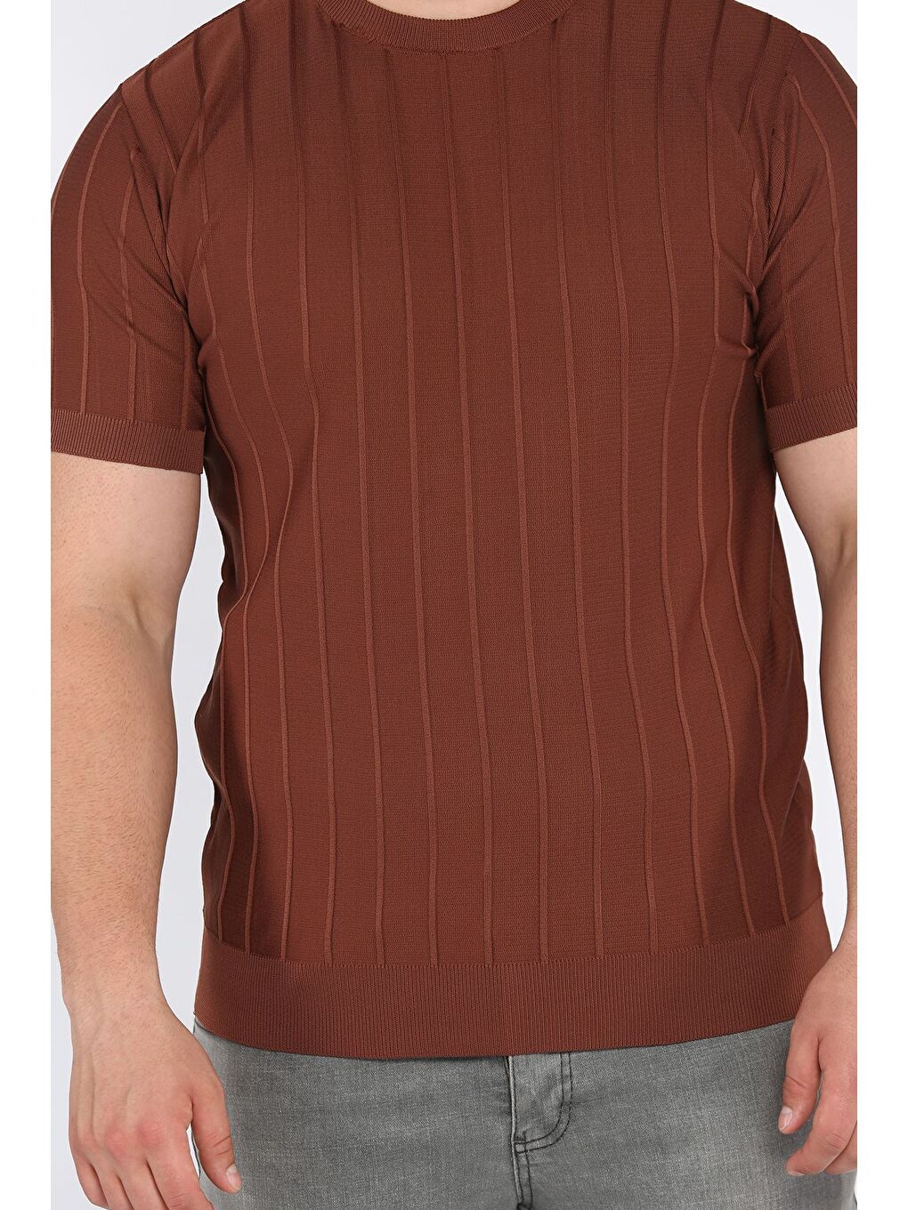 Kahverengi Erkek Bisiklet Yaka Kendinden Çizgi Desenli Triko Tişört-3