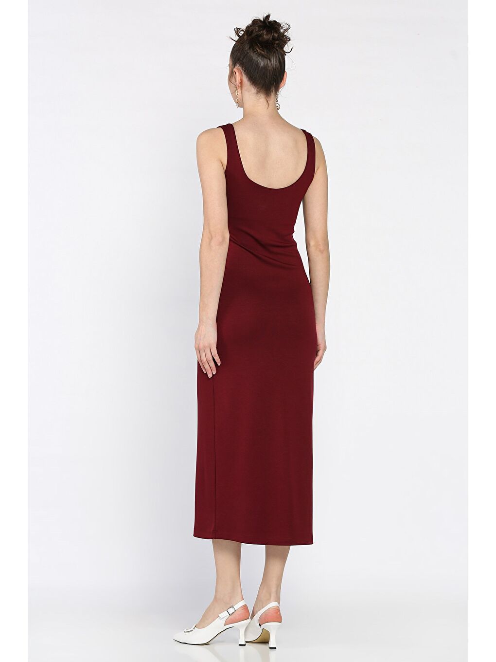 Bordo Kadın Kalın Askılı Modal Kumaş Elastanlı Elbise-2