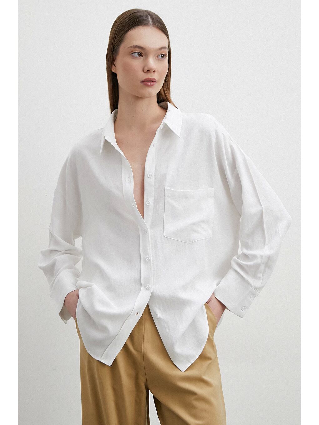 Keten Karışımlı Linen Prunes Gömlek Beyaz-1