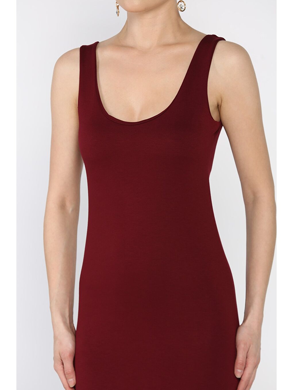 Bordo Kadın Kalın Askılı Modal Kumaş Elastanlı Elbise-3
