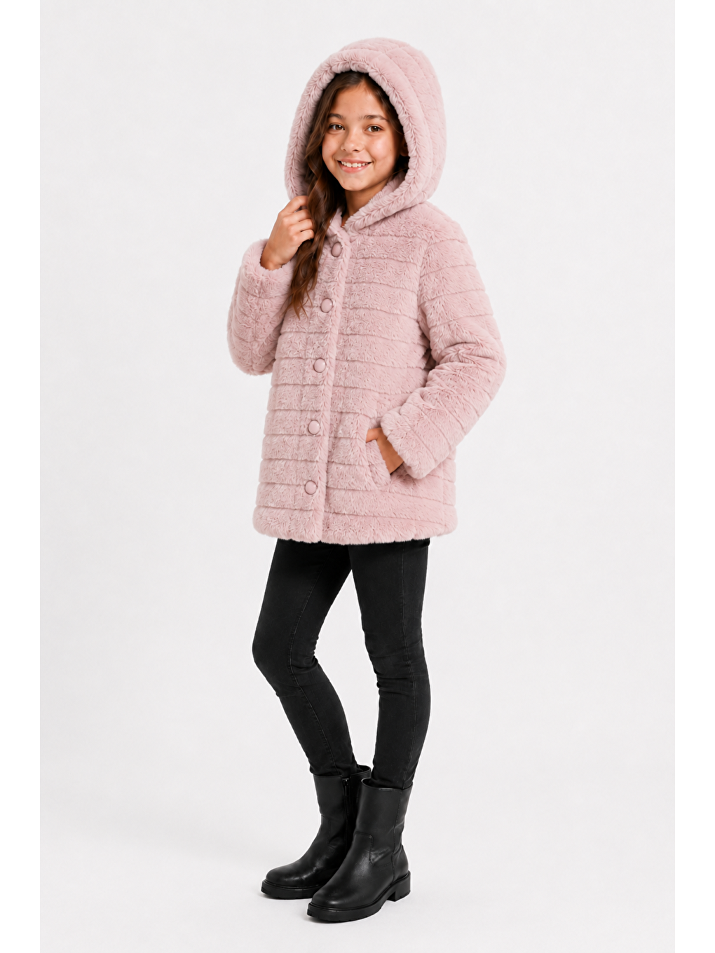 Pembe Kız Çocuk Kışlık Kapüşonlu Düğmeli Astarlı Yatay Çizgili Pelüş Mont Ak4518-2