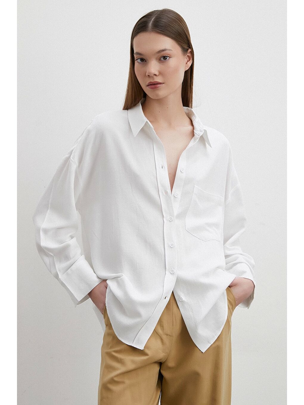 Keten Karışımlı Linen Prunes Gömlek Beyaz-2