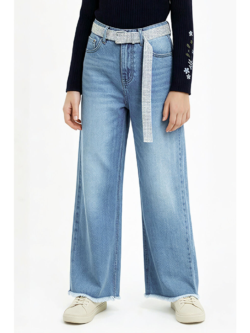 Mavi Kız Çocuk Taş Süsleme Kemerli- Destroy Paçalı-Jean Pantolon 10-14 Yaş 12544