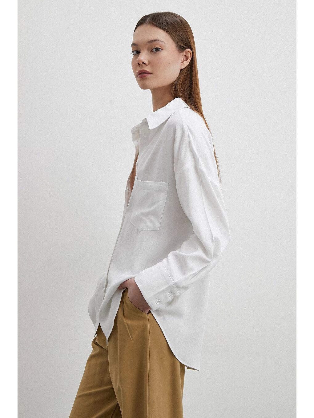 Keten Karışımlı Linen Prunes Gömlek Beyaz-3