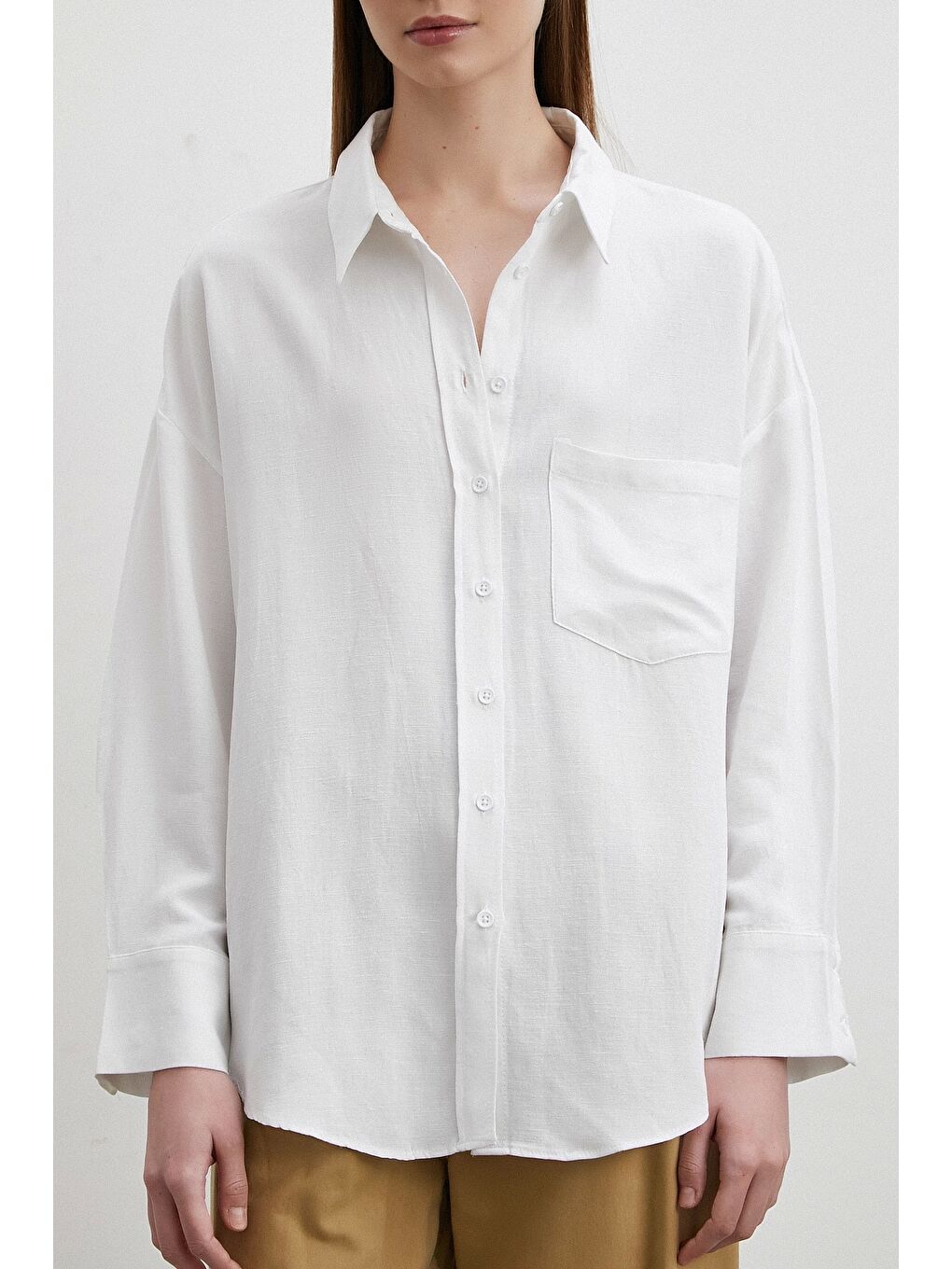 Keten Karışımlı Linen Prunes Gömlek Beyaz-4