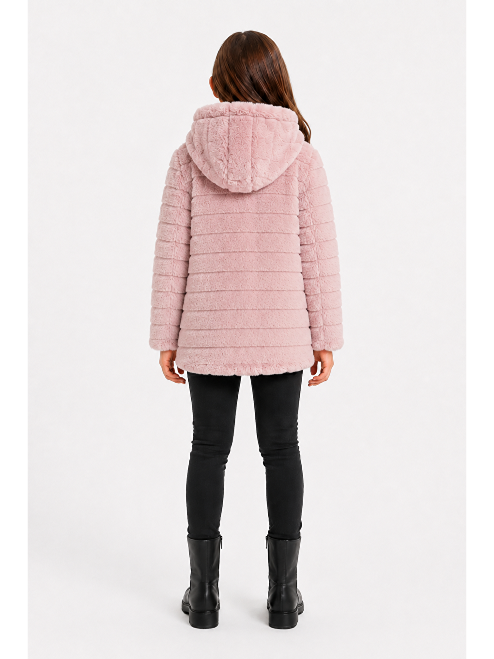 Pembe Kız Çocuk Kışlık Kapüşonlu Düğmeli Astarlı Yatay Çizgili Pelüş Mont Ak4518-3
