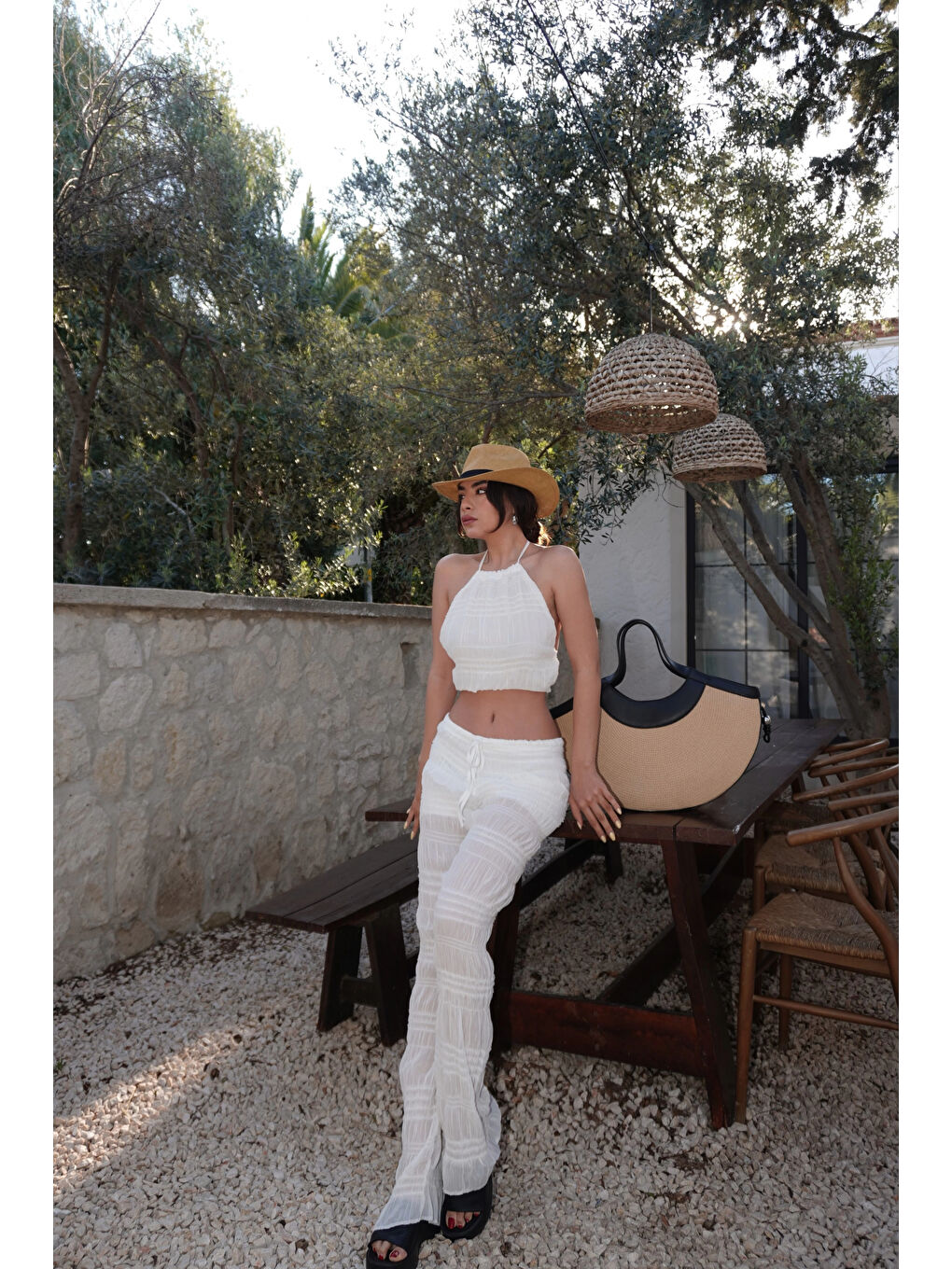 Kadın Beyaz Gipeli Crop Takım 1040-4063-3