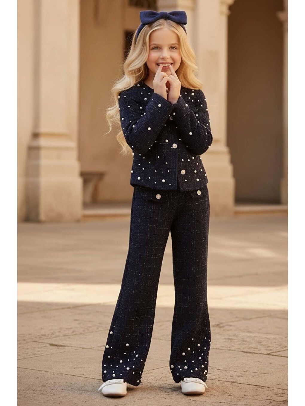 Kız Çocuk Üzeri İnci İşlemeli Cep Detaylı Ceket, Paçaları İnci Detaylı Triko Lacivert Alt Üst Takım-1