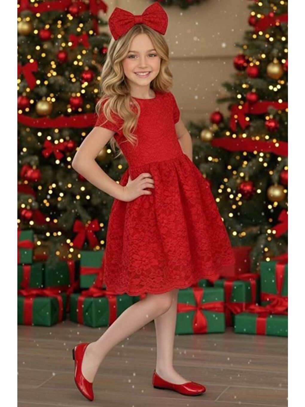 Kız Çocuk Üzeri Dantel İşlemeli İçi Astarlı Simli Kırmızı Abiye