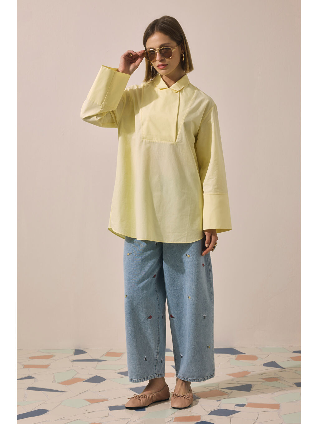 Kruvaze Yaka Tunik Soft Sarı-1