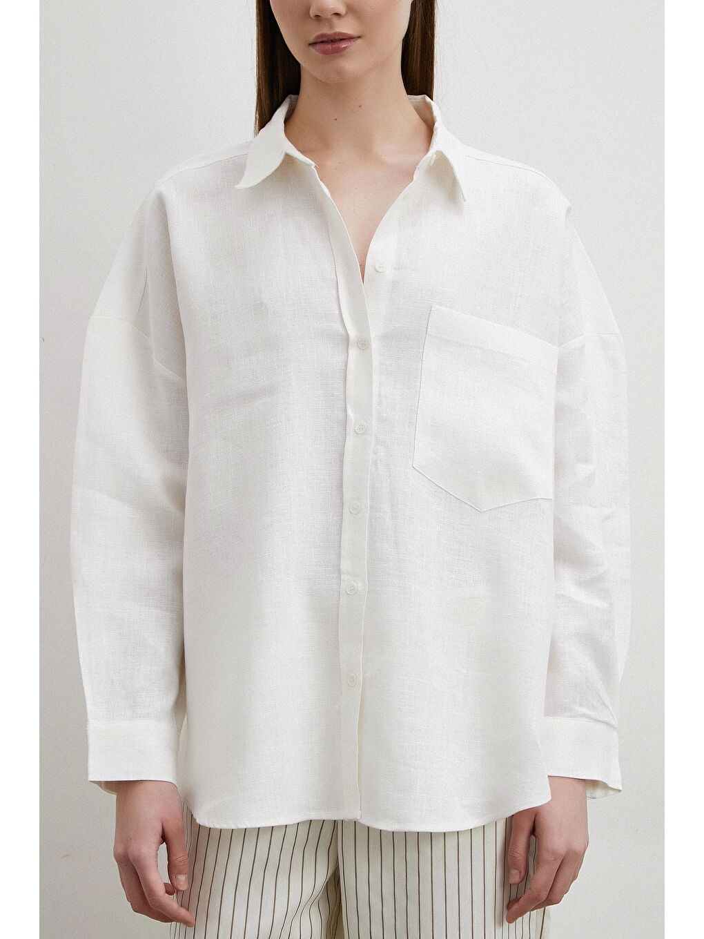 Robalı Cepli Keten Gömlek Ekru-4