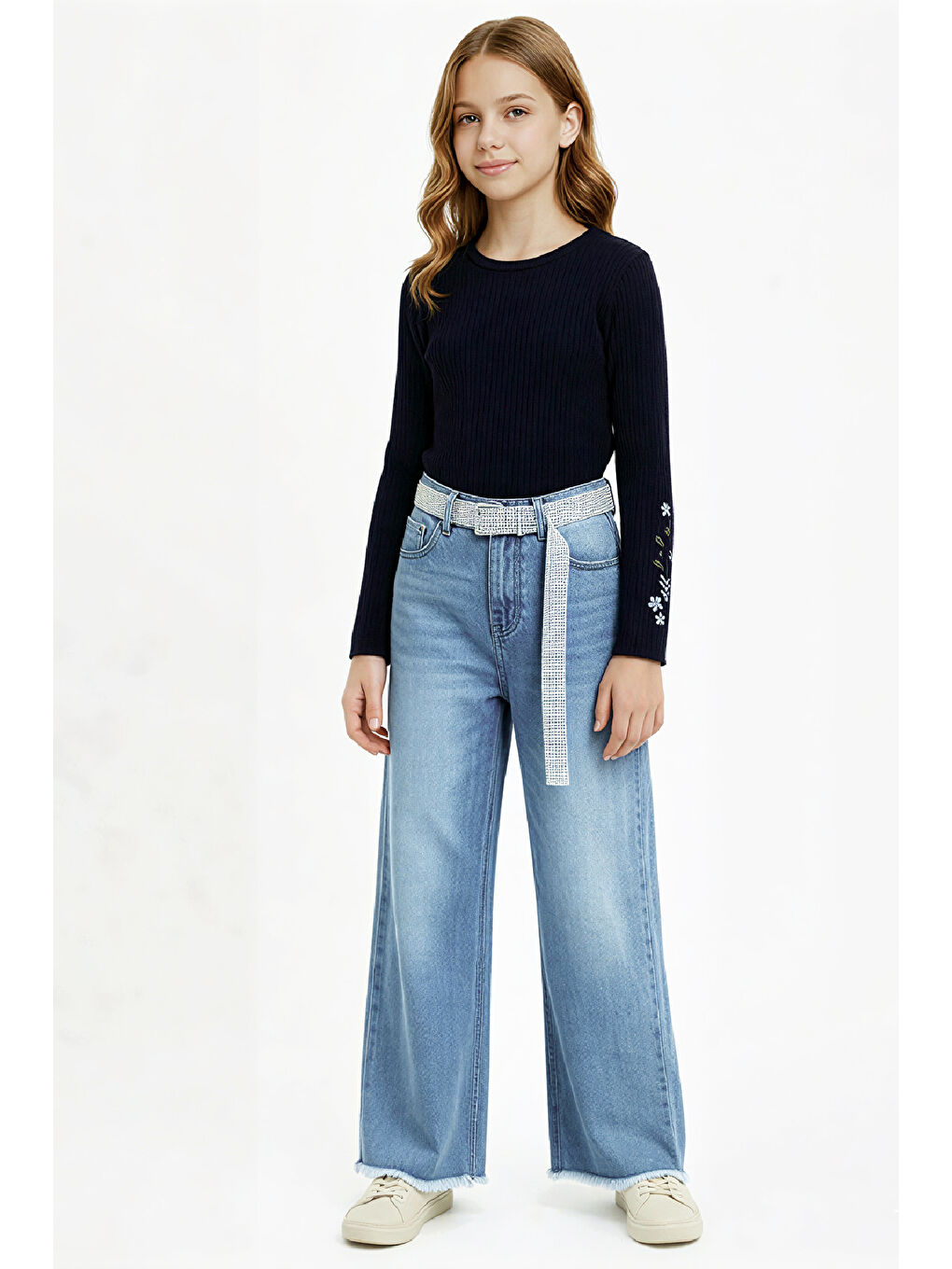 Mavi Kız Çocuk Taş Süsleme Kemerli- Destroy Paçalı-Jean Pantolon 10-14 Yaş 12544-3