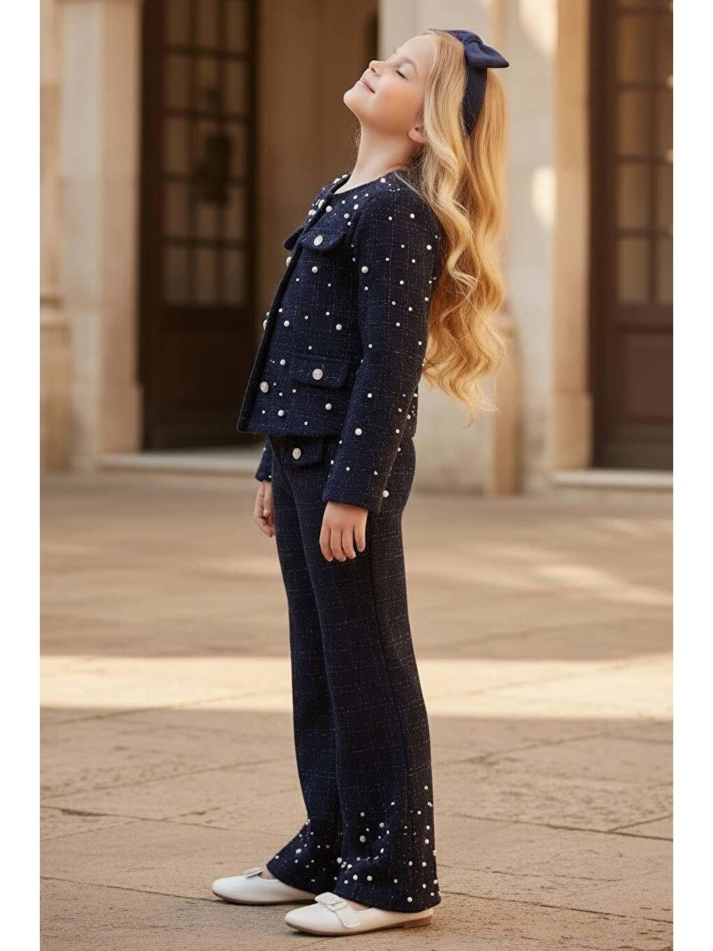 Kız Çocuk Üzeri İnci İşlemeli Cep Detaylı Ceket, Paçaları İnci Detaylı Triko Lacivert Alt Üst Takım-2